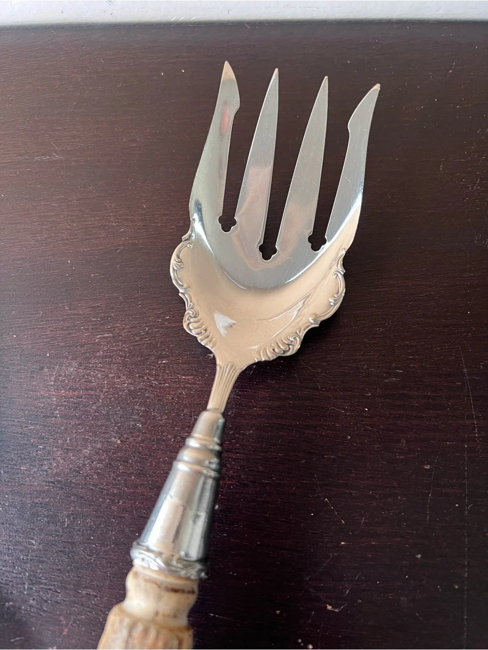 Antique Stag Horn Handle Serving Set Silver Plate Salad Fork Spoon Rustic Lodge